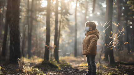 A naturalistic image of a child exploring a forest area while wearing a protective mask, highlighting the need to preserve clean air and natural environments for children's well-being