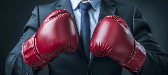 Corporate competition  office worker in boxing gloves embracing business challenges