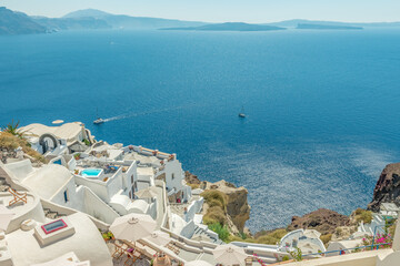 View of Oia town with white houses on Santorini island. Greece.