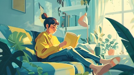 A young woman enjoying a leisurely moment reading a book in the comfort of her cozy and inviting living space surrounded by lush indoor plants and