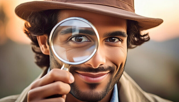 Extreme close-up of a funny vintage male detective looking through a magnifying glass. Adventure, discovery and search concept with idea or mystery theme. Generative Ai.