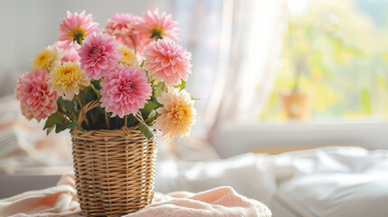 Wicker vase of beautiful pink dahlias on coffee table