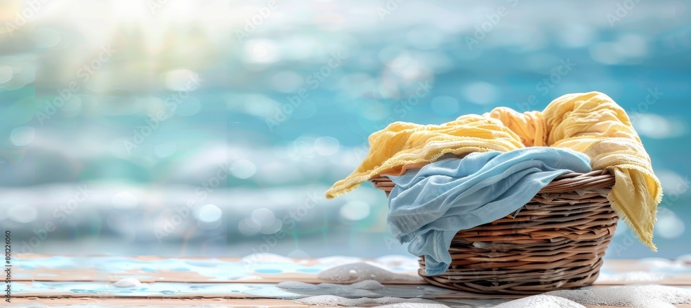 Poster laundry basket and washing machine on blurred background with space for text placement