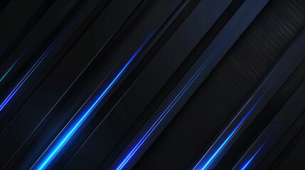 Black wide abstract horizontal technology banner with blue neon diagonal lines. Vector illustration dark elegant background. 