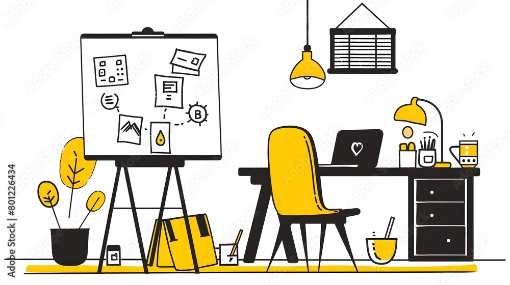 Poster cozy workspace with inspiring visuals and digital devices for productive brainstorming and planning 