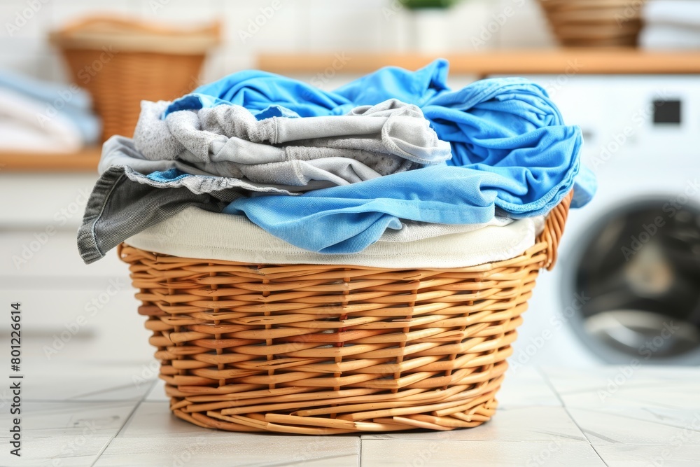 Poster laundry basket and washing machine with copy space on blurred background for text placement