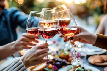 Friends engaging in a lively toast with glasses of rose wine over a festive table setting, evening time