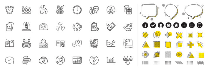 Set of No music, Timer and Chemical hazard line icons for web app. Design elements, Social media icons. Chemistry experiment, Help, Equality icons. Vector