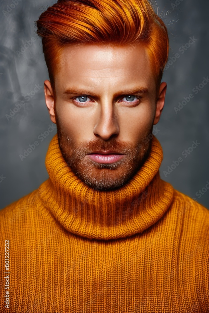 Poster red haired man portrait on pastel background with ample space for text placement
