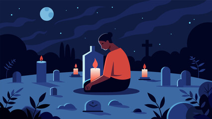 A lone figure sitting in a quiet cemetery surrounded by candles and paying respects to black Americans who paved the way for freedom.. Vector illustration