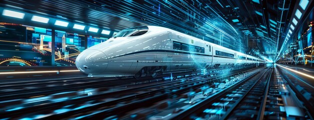 Futuristic high-speed maglev train speeding through an illuminated city