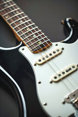 Fototapeta na wymiar Close-Up View of Retro-Style Electric Guitar in High-Gloss Black Finish