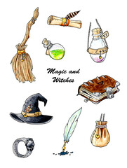 Witch and magic colorful hand drawn icons