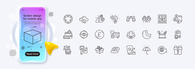 Cashew nut, Money box and Metro map line icons for web app. Phone mockup gradient screen. Pack of Cloud sync, Seo idea, Account pictogram icons. Hold box, Social distancing, Money wallet signs. Vector