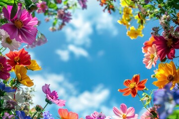 Beautiful Colorful Spring Flowers on a Clear Blue Sky Background with Copy Space for Text and Designs