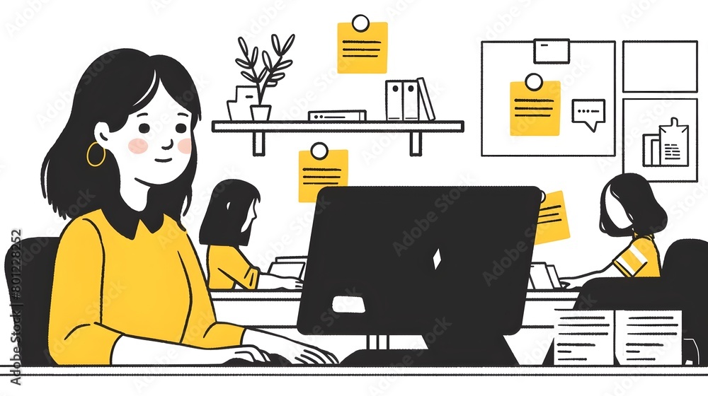 Poster female manager networking and collaborating in a modern corporate office setting