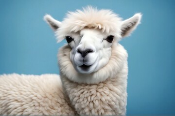Fototapeta premium 'background blue alpaca funny white isolated animal nature llama farm mammal postcard country cute farming wool peru cuzco exotic lama closeup face'