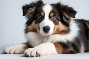 'gazing puppy top background australian funny white portrait view waiting dog studio lying smilling shepherd pet topview play smile up looking nose ear animal mouth breed isolated gorgeous on fun'