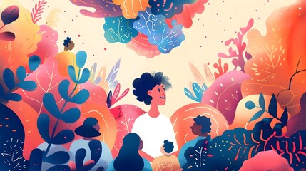 Illustrated Person Surrounded by Colorful Nature and Supportive Relationships Highlighting the Importance of Community and Self Care Practices