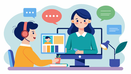 Fototapeta premium In a virtual session a speech the and client utilize online resources games and interactive whiteboards to practice speech and language skills. Vector illustration