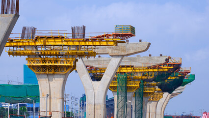 Precast segmental assembly box girder formwork on elevated expressway column structure in road...