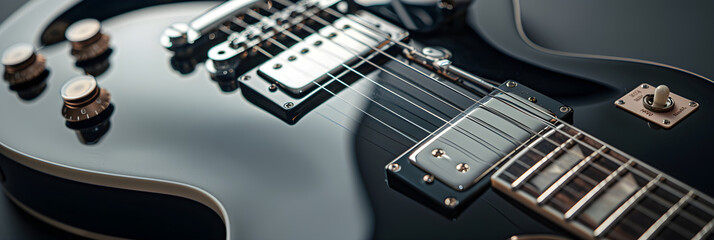 Close-Up View of Retro-Style Electric Guitar in High-Gloss Black Finish