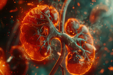 Human kidneys inside body. Neon colours. Close up