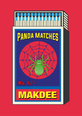 Liphistius, arachnid, attercop, Araneae, Mygalomorphae, lighter belonging, lighter can, matchbox, matches vector illustration. Vintage, antique retro style packaging. Indian art old style design.
