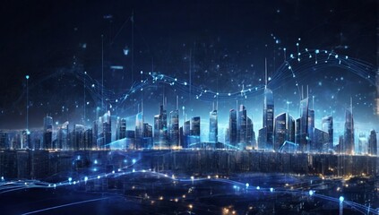 Smart city and big data connection technology concept with digital blue wavy wires with antennas on night megapolis city skyline background, double exposure
