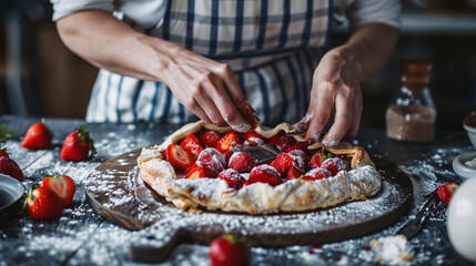 Woman preparing strawberry galette on grunge background