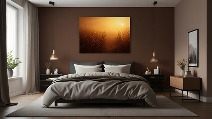Wall Art Mockup, Interior Design of Bedroom Brown Theme, Bedroom Wall Art Mockup