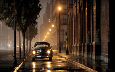 Old vintage car in the night city street created with Generative AI technology