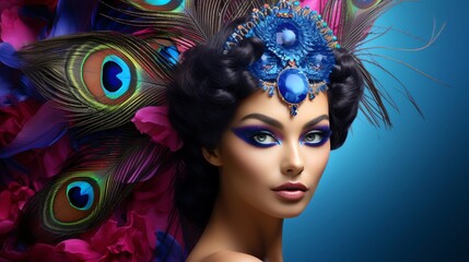 Elegant 3D presentation of a beauty influencer with a beautifully rendered peacock using vibrant feather colors to inspire makeup tutorials or beauty product lines