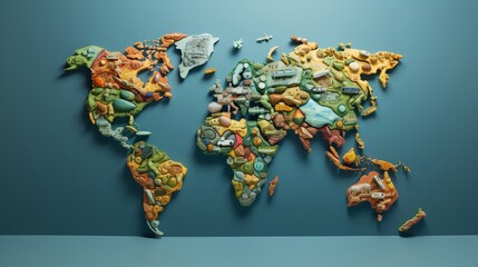 Vibrant 3D artwork of a world map made from various currencies representing global trade and economy perfect for economic studies or reports