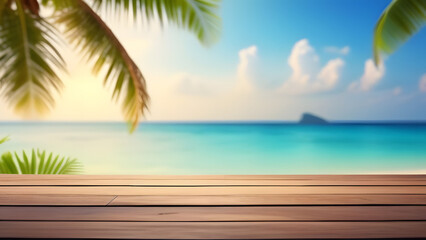 Empty wooden boards with blurred beach and palm trees in the background, for product placement