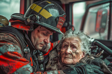 Fototapeta premium A fireman and an old woman are in a fire truck. Scene is serious and caring.Firefighter saves an senior woman from fire.