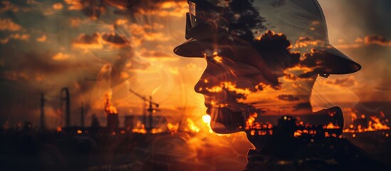 Double Exposure of firefighter silhouette and a fire in the city, with fire truck, copy space