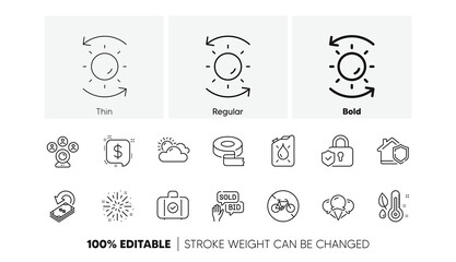 Carry-on baggage, Bicycle prohibited and Fireworks explosion line icons. Pack of Thermometer, Ice creams, Bid offer icon. Cashback, Adhesive tape, Canister pictogram. Security lock. Line icons. Vector