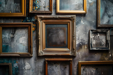 A weathered wall filled up with antique wooden picture frames - obrazy, fototapety, plakaty
