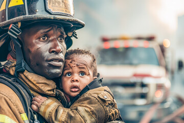 Fototapeta premium Cinematic scene fireman saves a baby from fire.A black american firefighter is holding a black baby in his arms, close up.