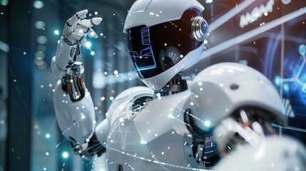 AI humanoid robot holding a virtual hologram screen