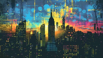 Retro pixel city illustration poster background