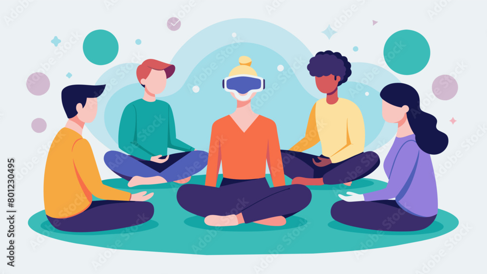 Poster a group of friends sits in a circle each wearing a virtual reality headset as they participate in a 