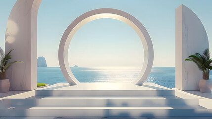 Scene with geometrical forms, arch with a podium in natural daylight. Sea view. Summer scene. 3D render background.