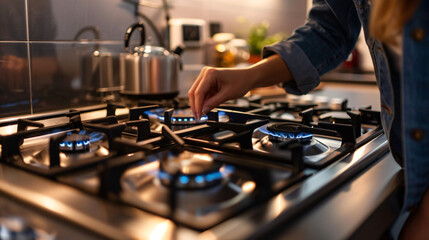 Woman turning on kitchen stove closeup