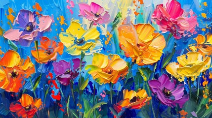 Brightly colored nature wallpaper; wildflowers in a field, oil on canvas illustration