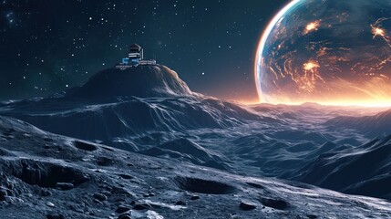 A human base station on alien land landscape with giant planet and mountains.