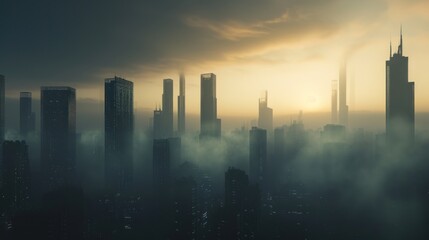 Skyline of futuristic city with modern skyscraper buildings.