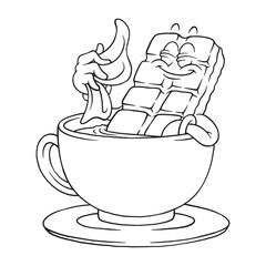 coloring illustration of chocolate bar soaking in cups