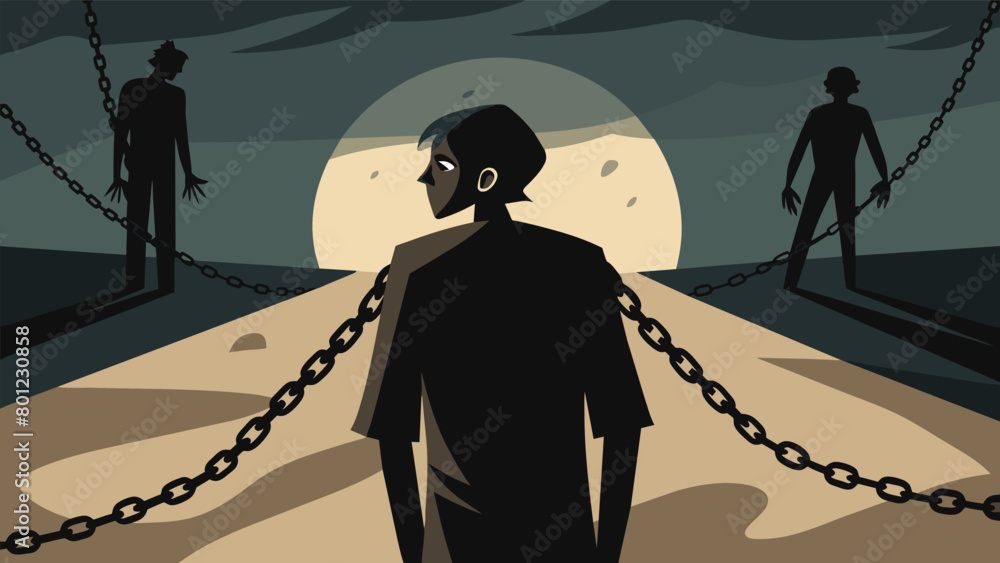 Poster invisible chains a hauntingly beautiful charcoal drawing showing a persons shadow bound by chains re
